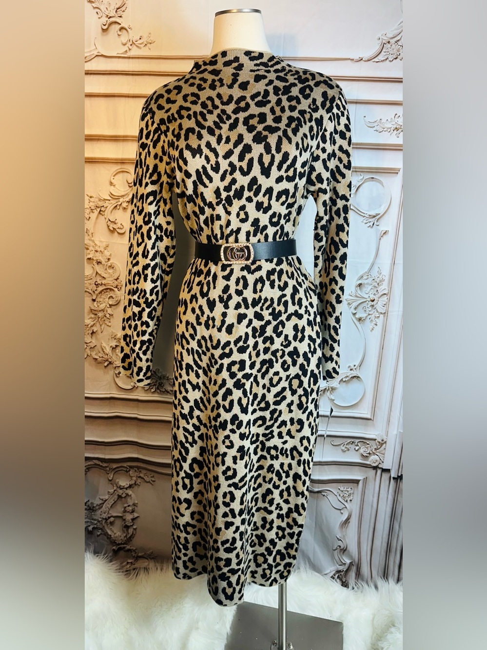 Nina Leonard Leopard Print Midi Dress in Beige and Black - Picture 4 of 7
